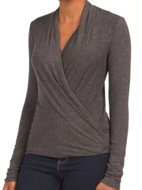 CAbI Heather Grey Faux Wrap Drape Neck Long Sleeve Top Medium